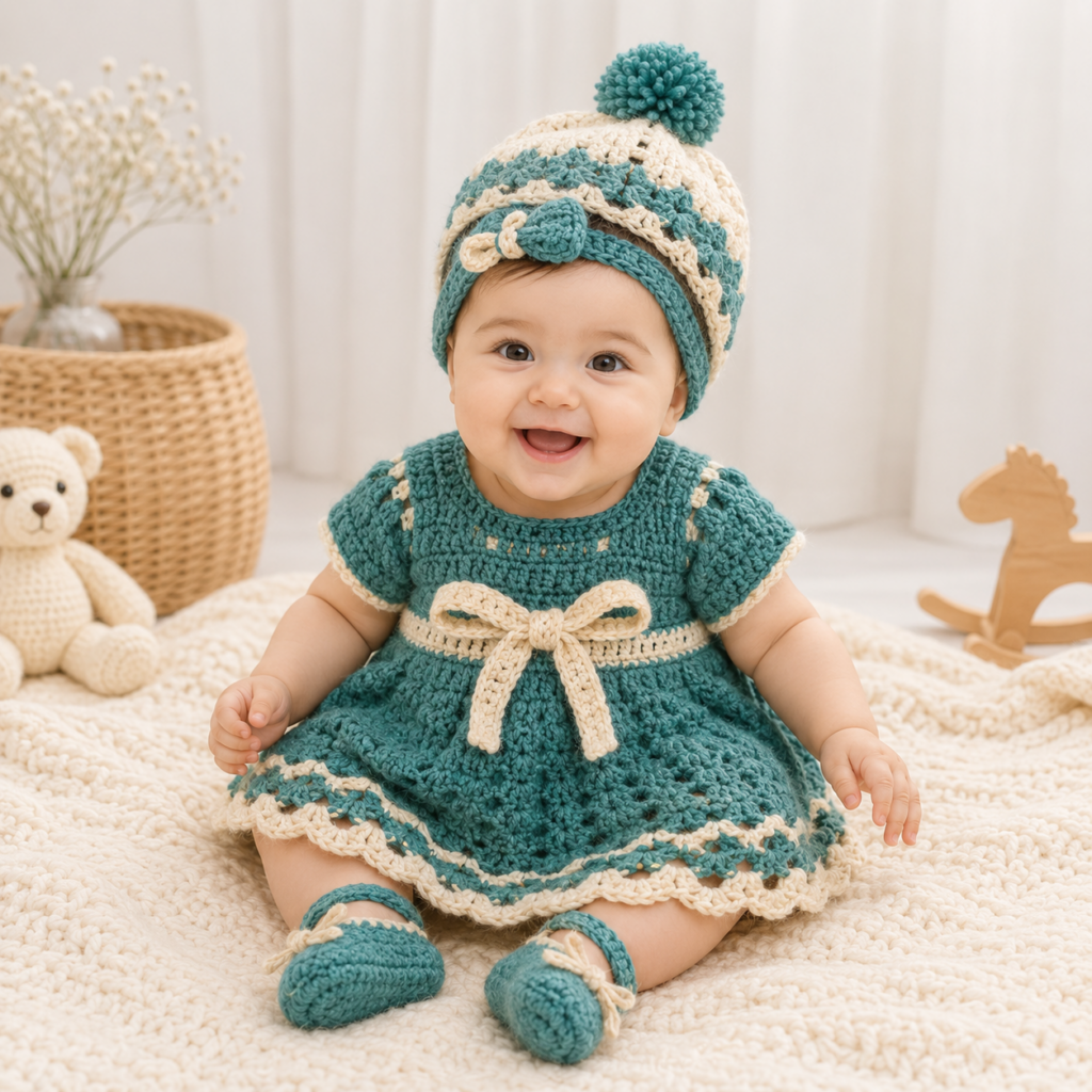 Sija- Crochet Baby frocks, cap, Socks and gloves